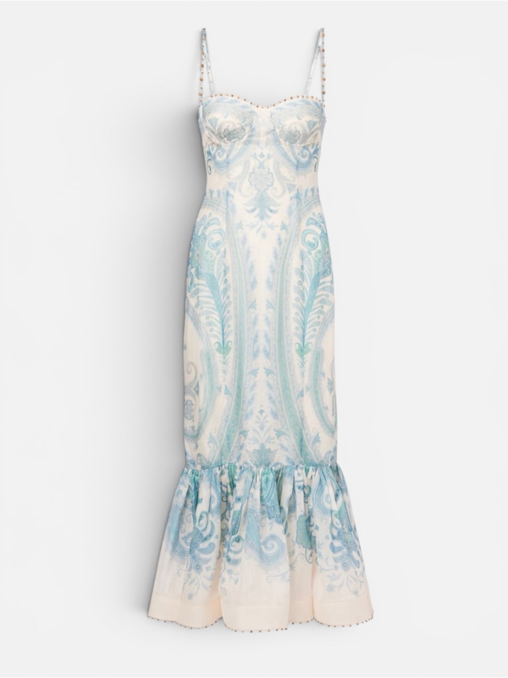Zimmermann Blue Paisley Midi Dress with Fluted Hem half price linen and silk